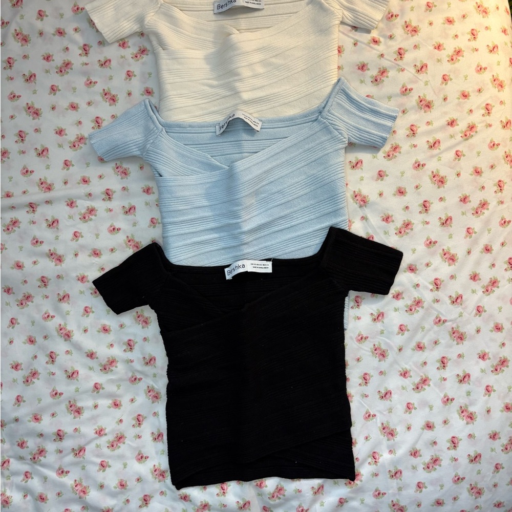 Bershka Ribbed Off The Shoulder Tees - White, Baby Blue, Black